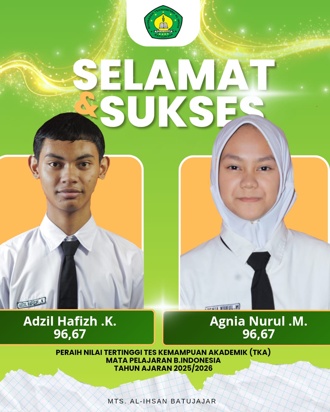 Siswa MTs. Al-Ihsan Batujajar Peraih Nilai TKA Tertinggi